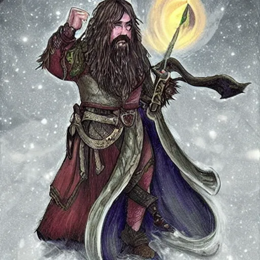 Image similar to dungeons and dragons, realistic,full body long hair goatee warlock with pet imp, magic aura, northern lights