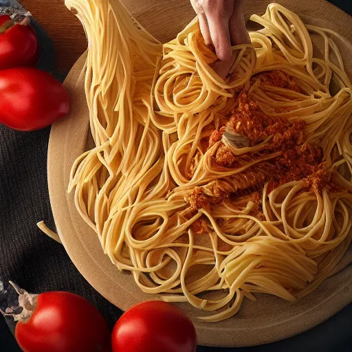 Prompt: Papayathief and James fight over pasta, hyperrealistic render, highly detailed, 4k, artstation