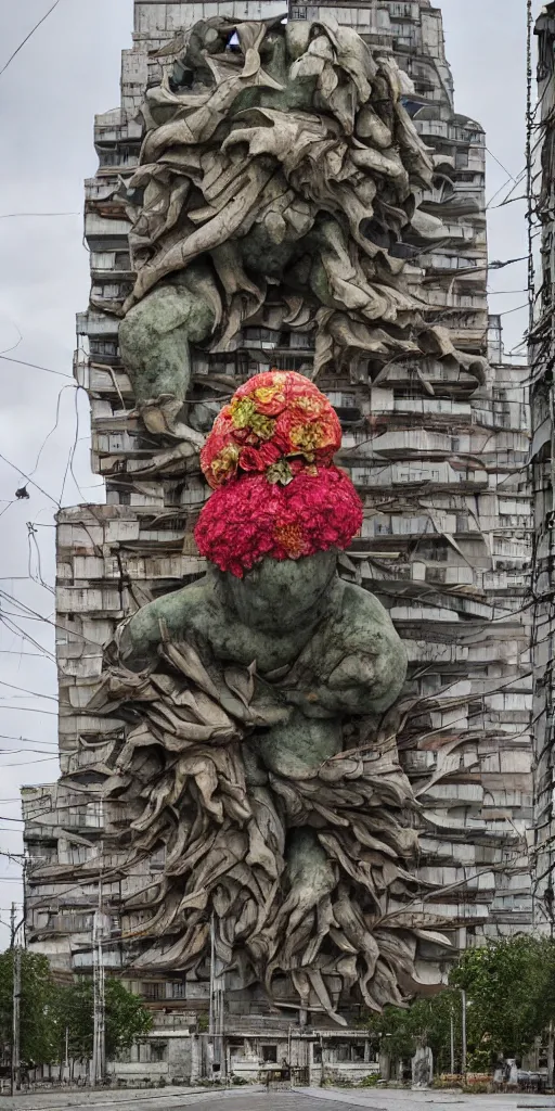 Image similar to giant grotesque flower in the middle of abandoned post soviet constructivist cityscape, Stalinist architecture, ultradetailed by Hayao Miyazaki and Josan Gonzalez and Makoto Shinkai and Giuseppe Arcimboldo