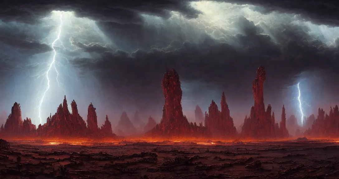 Prompt: an epic colossal scene in a forgotten ancient city of demigods from the exoplanet Gliese 581c on a harsh alien desert, by Nathan Dane Clarke, by Bruce Pennington, masterpiece, cinematic composition, aesthetic, dynamic, beautiful, detailed, beautiful lighting, stormy weather, thunder, volumetric dark clouds, heavy acid rain, 8K, no frames, rtx on, HDR radiance