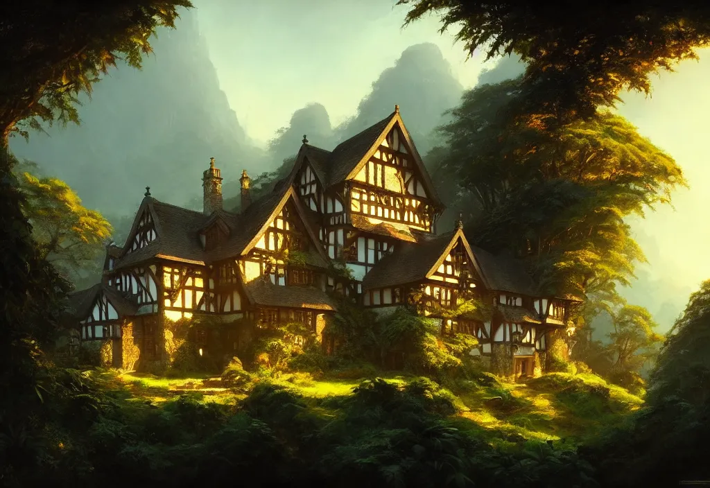 Prompt: a tudor house on a hillside surrounded by jungle, blue sky, cinematic view, detailed architecture, concept art, high detail, well lit, volumetric, godrays, vivid, trending on artstation, by jordan grimmer, art greg rutkowski