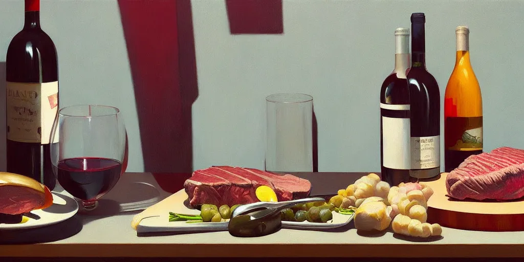 Image similar to an achingly beautiful still life featuring tillamook cheese and wine and steak very coherent, painted by Edward Hopper, Wayne Barlowe, painted by James Gilleard, airbrush, art by JamesJean