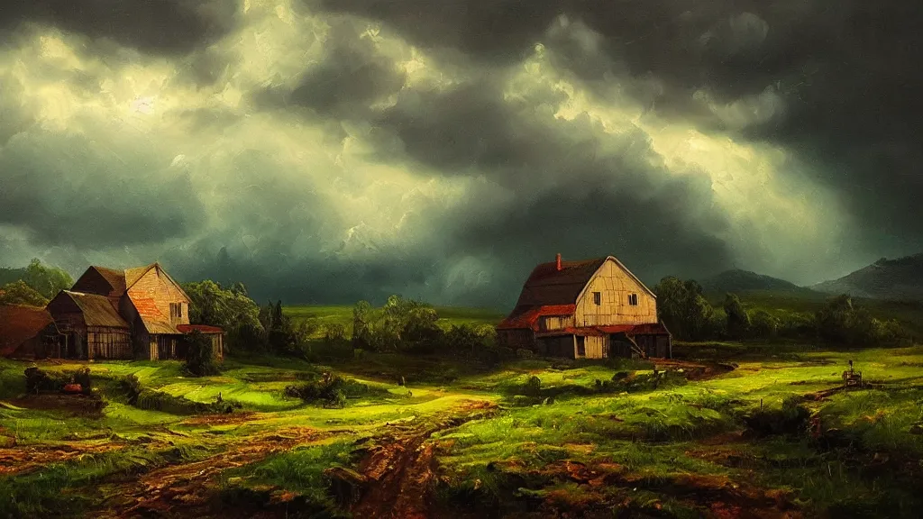 Image similar to the most beautiful landscape, oil painting, a farm, raining, at night, cinematic lighting, highly detailed, very realistic