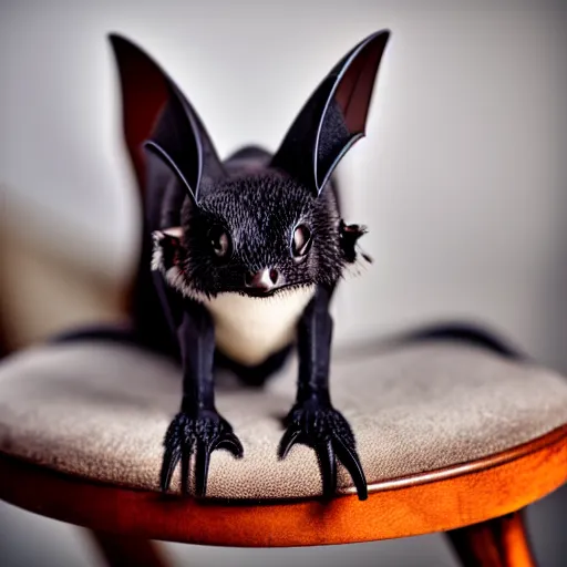 Image similar to a photo of a cute vat bat hybrid, sitting on a chair, photo taken by a nikon, very detailed, 8k