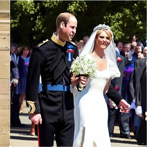 Prompt: detailed photos of the duke of cambridge prince william marrying american popstar britney spears, happy couple, official photos, wedding photo, royal wedding, photos trending on twitter, trending photo on instagram