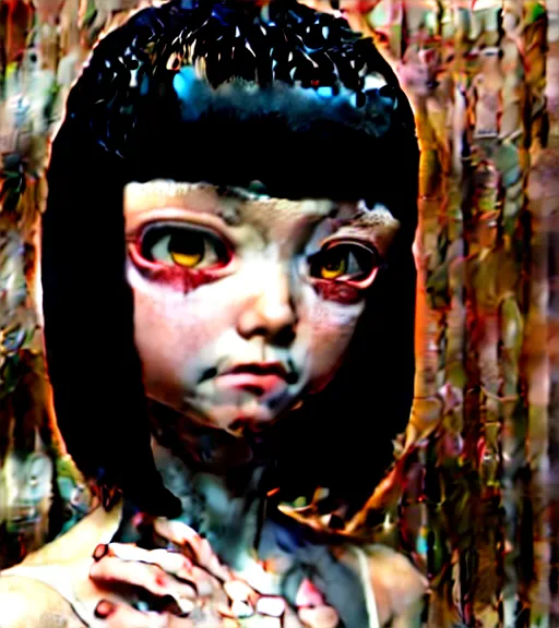 Image similar to girl with morbid thoughts wearing a black spring dress with short brown hair, queen of sharp needles and under the effect of psychosis, by Range Murata, Katsuhiro Otomo, Yoshitaka Amano, and Artgerm. 3D shadowing effect, 8K resolution.