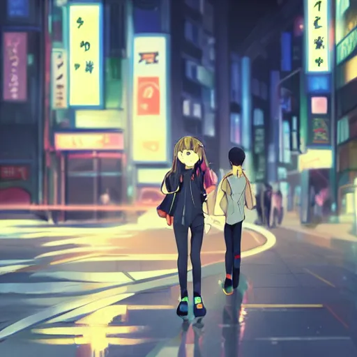 Image similar to an anime teen walking at the streets of tokyo at night while wearing headphones, aesthetic, night lights, digital painting, wlop, trending on artstation, deviantart, 8k UHD