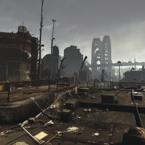 Image similar to Sydney in ruins post-nuclear war in Fallout 4, in game screenshot