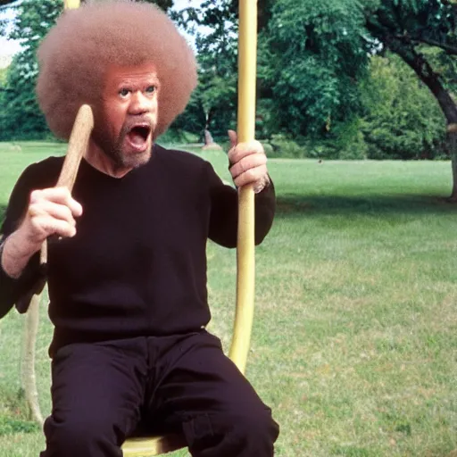 Image similar to angry bob ross screaming on the swingset