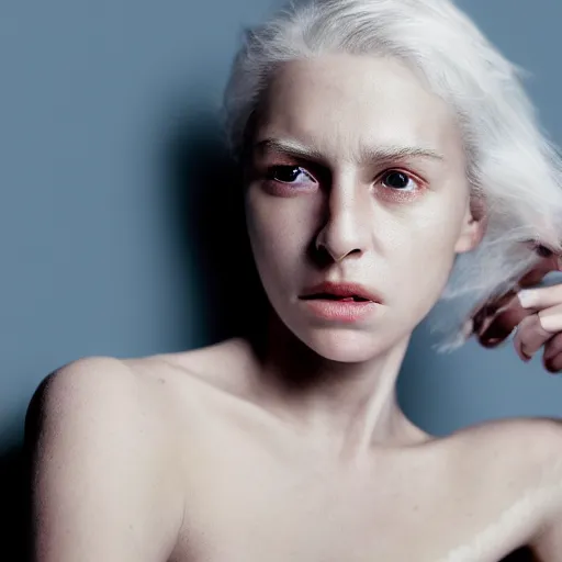 Image similar to cinematic photograph taken by annie leibovitz, hyper detailed, realistic female face and shoulders, white skin made from painted porcelain, white hair, fine facial features, white eyes and eyelashes, 8 k, 1 5 0 ml lens, elegant, white background pastel blue lighting, octane render, volumetric lighting