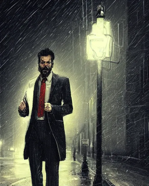 Image similar to a mysterious rugged man in a pinstripe suit holding a pistol in one hand. Pinstripe suit. Raining, street lamps, stormy, atmospheric lighting, mysterious, gloomy. By Makoto Shinkai, Stanley Artgerm Lau, WLOP, Rossdraws, James Jean, Andrei Riabovitchev, Marc Simonetti, krenz cushart, Sakimichan, D&D trending on ArtStation, digital art.