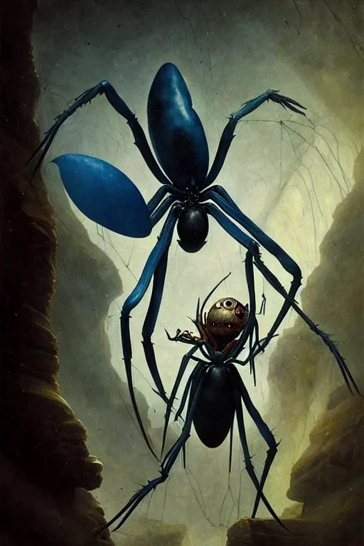 Prompt: hieronymus bosch, greg rutkowski, anna podedworna, painting of a blue skinned elf being turned into a spider demon