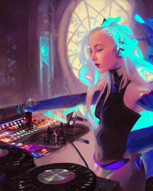 Prompt: pretty girl djing at a rave, blue hair, rem rezero, sharp focus, digital painting, 8 k, concept art, art by wlop, artgerm, greg rutkowski and alphonse mucha