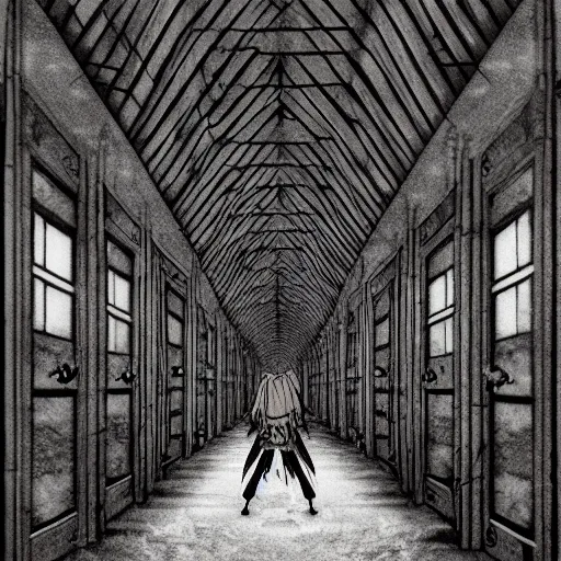 Image similar to a terrifying dark hallway with many doors and many stairs, impending doom, horror, Mc Escher architecture, epic composition, anime key visual