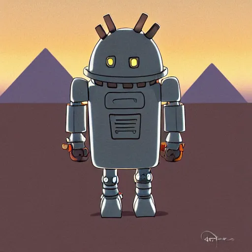 Prompt: a study of cell shaded cartoon of a grey robot from howl's moving castle ( 2 0 0 4 ) building pyramids on a desert road, full body, wide shot, very muted colors, post grunge, studio ghibli, laurie greasley, highly detailed, deviantart, art by artgem