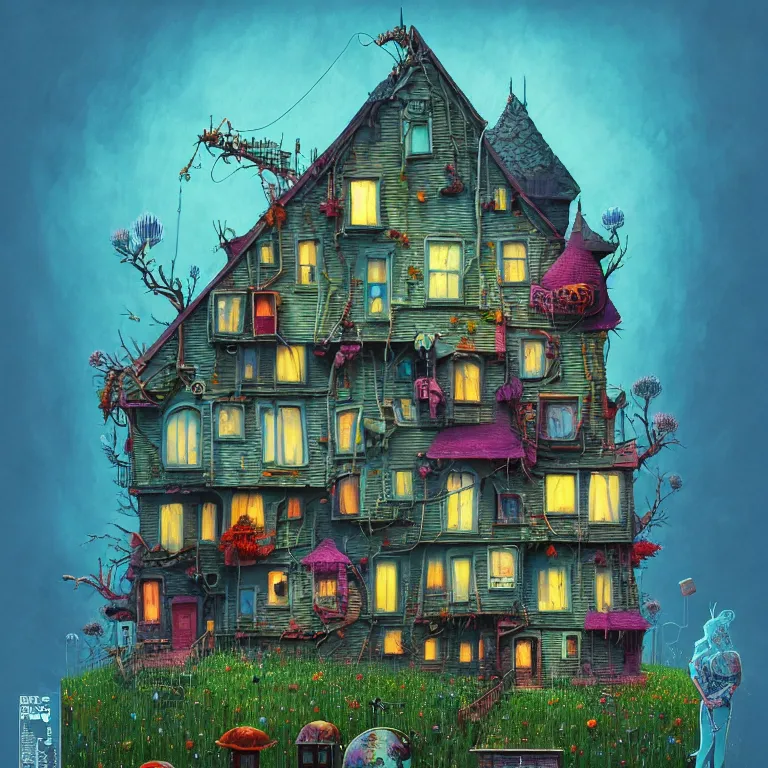 Image similar to house by elsa frozen, surreal art by gediminas pranckevicius, geof darrow, dark shadows, hard lighting, floralpunk, inking, etching, screen print, masterpiece, trending on artstation, sharp, colorful high contrast hd, 8 k hyper detailed