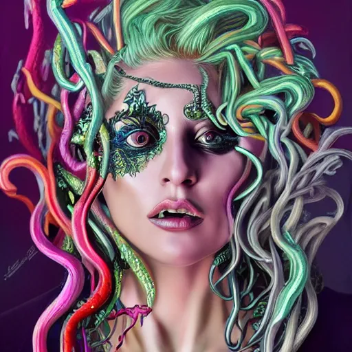 Image similar to an extremely psychedelic portrait of lady gaga as medusa, surreal, lsd, face, detailed, intricate, elegant, lithe, highly detailed, digital painting, artstation, concept art, smooth, sharp focus, illustration,