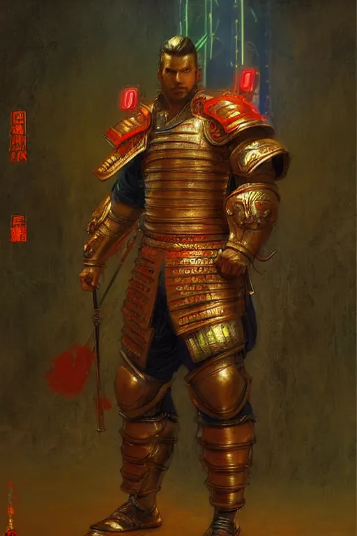 Prompt: attractive beefy male with armor, tang dynasty, character design, colorful, neon lights, cyberpunk, painting by gaston bussiere, craig mullins, j. c. leyendecker, tom of finland