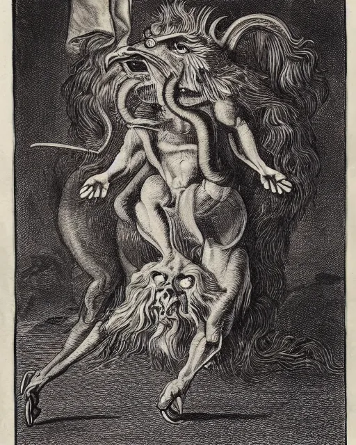 Image similar to a creature with the body and eyes of a man, with the beak of an eagle, the mane of a lion, and the horns of an ox. drawn by francis bacon