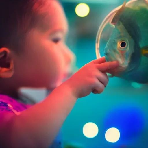 Prompt: closeup portrait of beautiful kid looking through a aquarium fish ball in a tent, mandarin fish, at night with neon lights, excitement, surprise, happiness, professional photoshoot, kodak portra, photographed in film, soft and detailed, realistic, bokeh