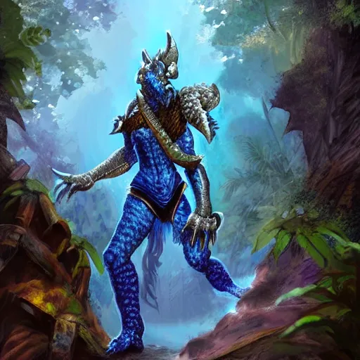 Image similar to A dragonborn with blue scales in a rainforest, trending on artstation, digital art
