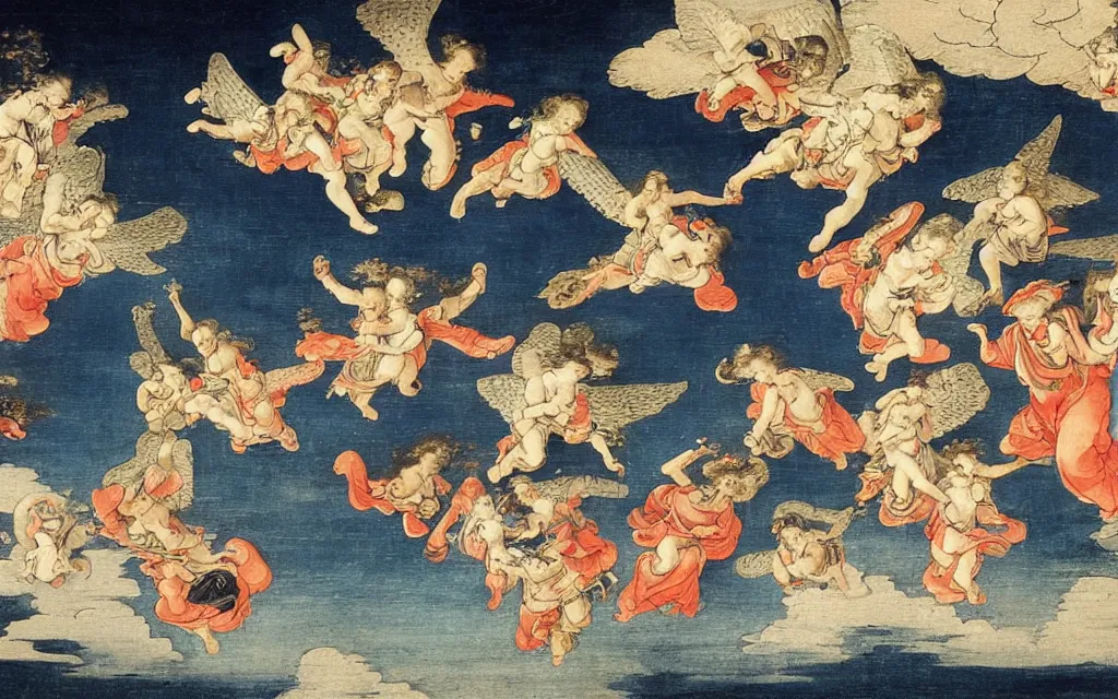 Prompt: vision of angels - a painting of an angel flying in the sky, with a group of angels flying below it by annibale carracci and katsushika hokusai, style of futuresynth