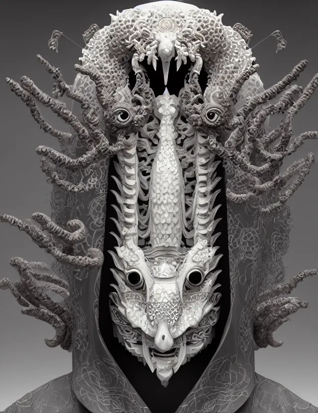 Image similar to 3 d goddess close - up profile portrait of cultist monk in hooded robe with ram skull. beautiful intricately detailed japanese crow kitsune mask and clasical japanese kimono. betta fish, jellyfish phoenix, bio luminescent, plasma, ice, water, wind, creature, artwork by tooth wu and wlop and beeple and greg rutkowski