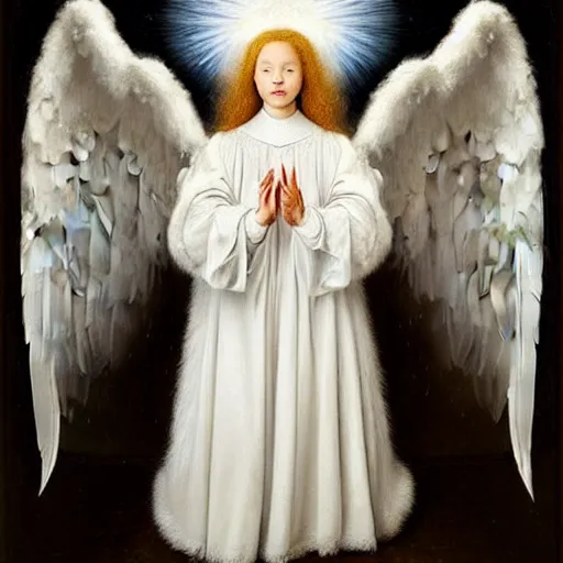 Image similar to highdetailed hyperrealistic painting of white angel!!! no gender!!!, giant ball of miracle light from the chest!!!!!, white sparkles everywhere, 4 k hd fur face!!!, big wings, by jan van eyck, holography space, glow effect, large strokes, white monochrome color!!!!!