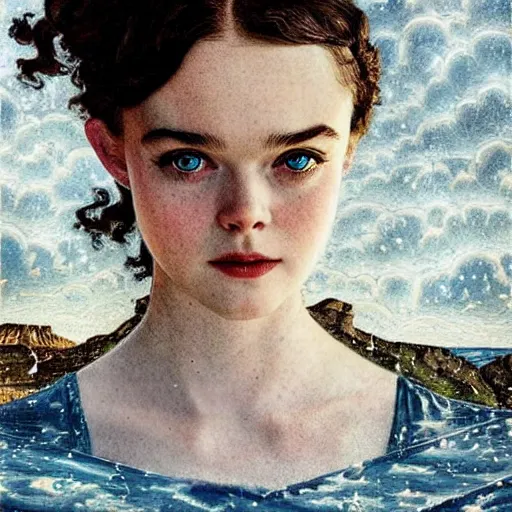 Image similar to Elle Fanning in Santorini at night, head and shoulders portrait, stormy weather, extremely detailed masterpiece, Roger Deakin’s cinematography, illustration, by Norman Rockwell,