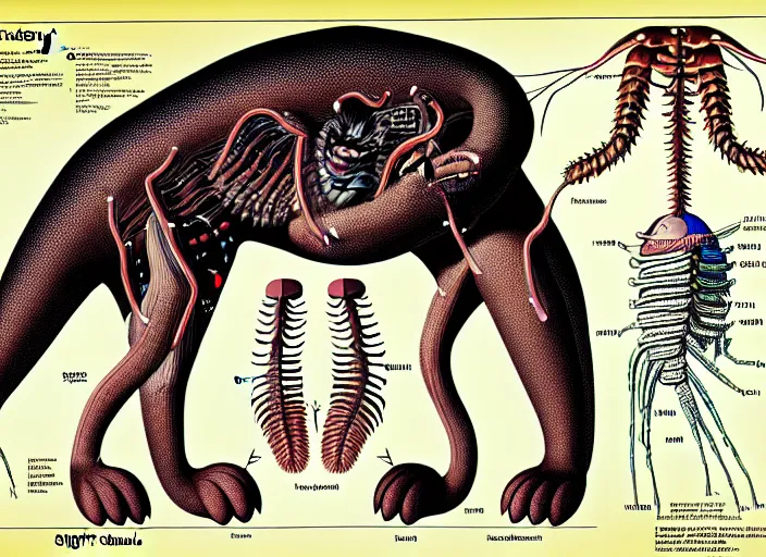 Image similar to scientific illustration of giant cat monster with electric organs and stinger tail, detailed anatomy, extensive physiology