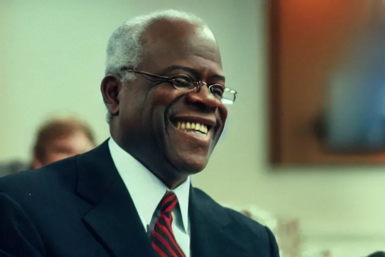 Prompt: Clarence Thomas smiling as he watches the world burn, cinematic, 8k