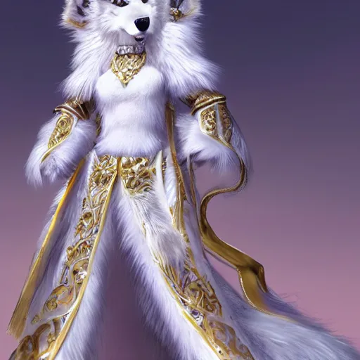 Image similar to commissioned full body portrait of a female anthro furry wolf-headed princess fursona with white hair wearing a white and gold chinese armored dress in a white and gold palace, by Wlop and jerry park, artstation, extremely detailed