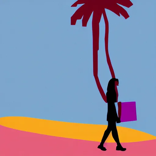 Image similar to woman walking with backdrop showing the sky, palm trees. in minimal colourful geometric illustration style digital painting