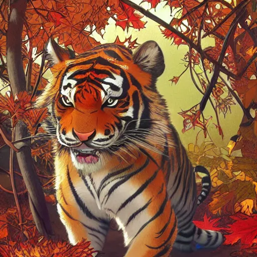 Prompt: a highly detailed portrait of cartoon tiger, sweating and flapping fan, autumn leaves on the ground, concise lines, ultradetailed environment, sharp focus, cinematic lighting, character art, 8 k, by alphonse maria mucha and kim jung gi