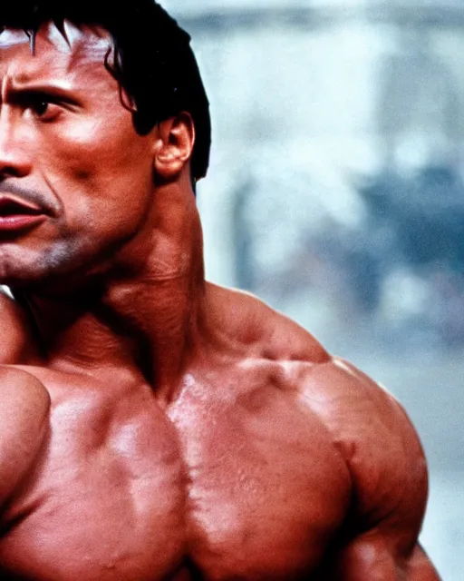 Image similar to Film still close-up shot of Dwayne Johnson as Rocky Balboa from the movie Rocky. Photographic, photography