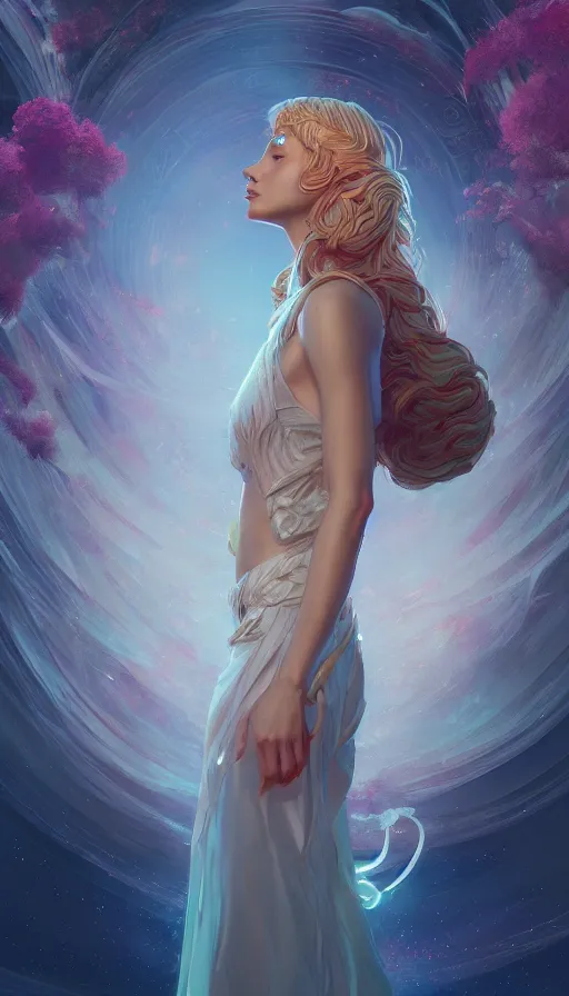 Image similar to a beautiful goddesses, profile, full body, universe in the background, dream, highly detailed, digital painting, refreshing, trending on artstation, octane render, illustration by james jean