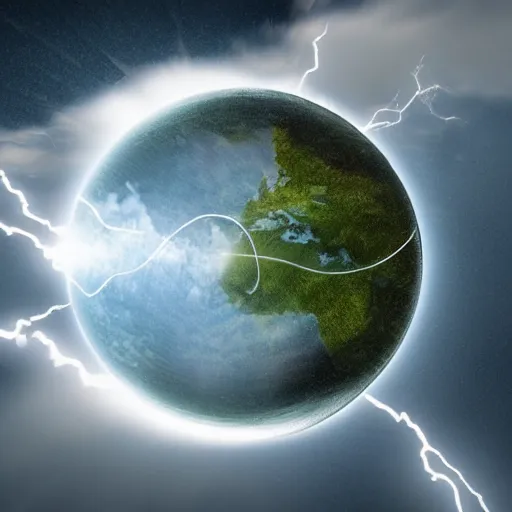 Prompt: a perfect glass sphere with clouds of rain inside and lightning surrounding the sphere