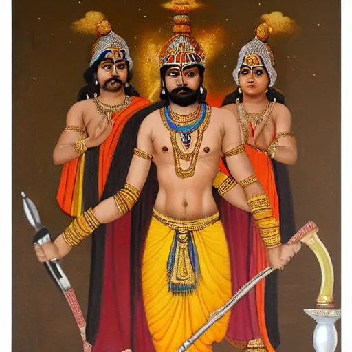 Prompt: a painting of bhima holding a mace and standing over slain duryodhana, mahabharat, an oil on canvas painting by raja ravi verma and ram chandra shukla, artstation, samikshavad, detailed painting, epic, oil on canvas h - 7 6 8