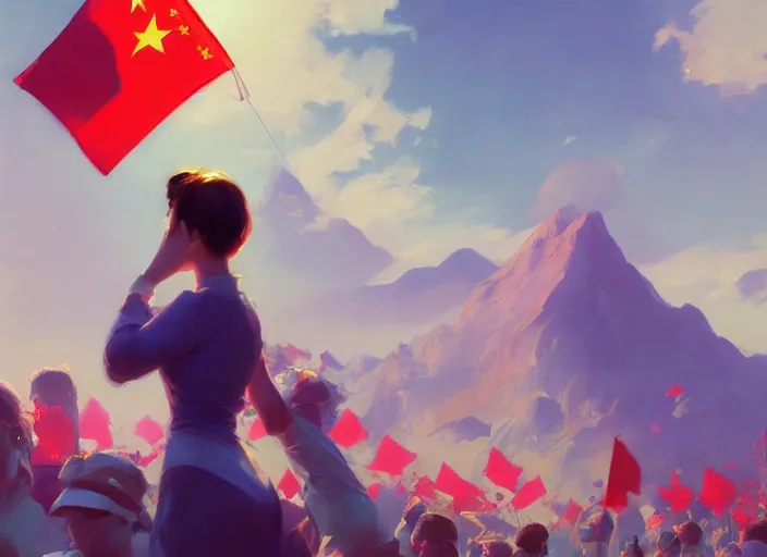 Image similar to gorgeous girl waving a China flag over her head running with Mandelbrot fractal enthusiastic crowd by Craig Mullins, ilya kuvshinov, krenz cushart, artgerm trending on artstation by Edward Hopper and Dan Mumford and WLOP and Rutkovsky, Unreal Engine 5, Lumen, Nanite