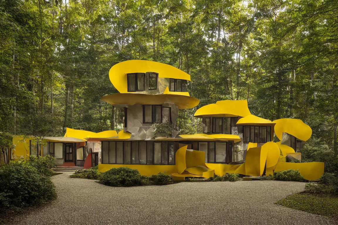 Image similar to a mid century modern house in a forest, designed by Frank Gehry. Tiles. Small gravel driveway . Film grain, cinematic, yellow hue