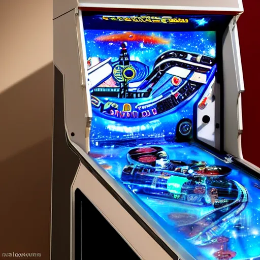 Prompt: A space-themed retro pinball machine in an arcade, photorealistic, studio lighting