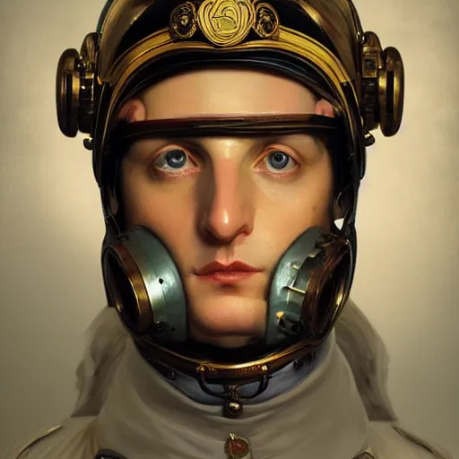 Prompt: portrait of divine emperor napoleon bonaparte, fighter pilot, glass visor, oxygen mask, handsome, tall, dieselpunk steampunk napoleonic french baroque, metal shoulder pauldrons, intricate, highly detailed, digital painting, artstation, concept art, sharp focus, cinematic lighting, illustration, art by artgerm and greg rutkowski, alphonse mucha, cgsociety