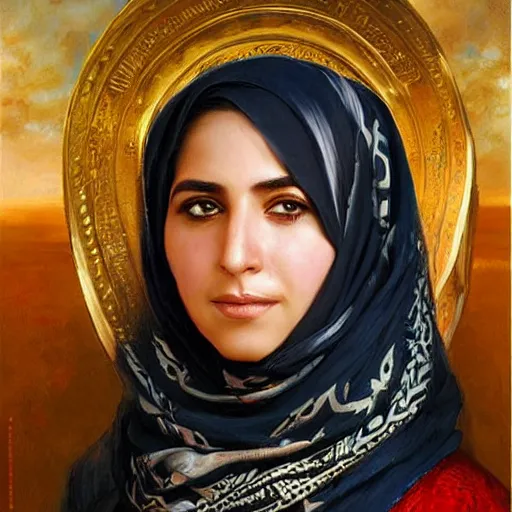 Prompt: portrait of an iraqi woman ( 3 5 ) from iraq in 2 0 2 1, an oil painting by ross tran and thomas kincade