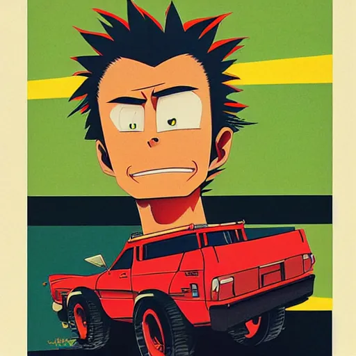 Prompt: a japanese print of « clint eastwood » gorillaz album cover, green pickup car, art by akira toriyama - ralph mc quarrie - jamie hewlett