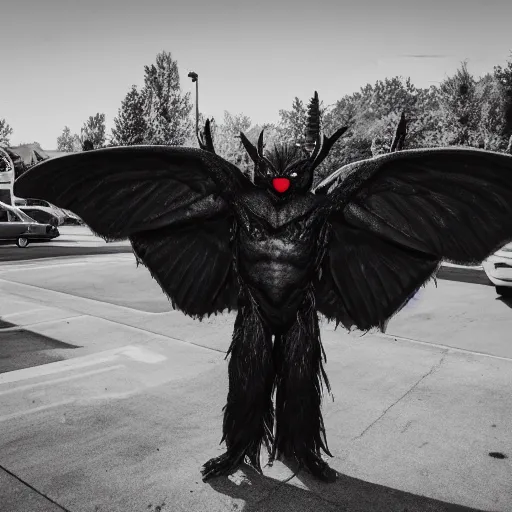 Image similar to 90s photo of mothman in a Walmart parking lot, blurry, XF IQ4, 150MP, 50mm, F1.4, ISO 200, 1/160s, Adobe Lightroom, photolab, Affinity Photo, PhotoDirector 365,