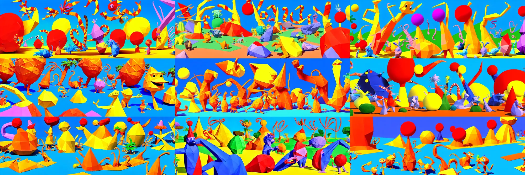 Prompt: a retro 90s low-poly 3D scene, depicting a hundred unique seussical creatures interacting with the most perfect paintings ever imagined