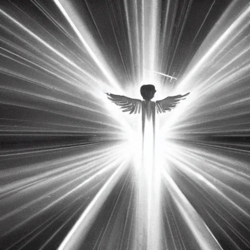 Image similar to an archangel channels a beacon of light through the tip of his sword overhead to the sky, ripples and refractions of light scatter from the tip of his sword pointing towards the sky