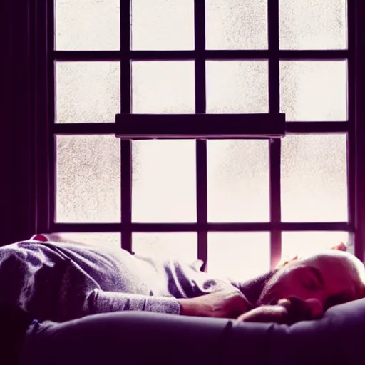 Prompt: man sleeping, a boy with purple hair and cat ears standing in window, dark lighting