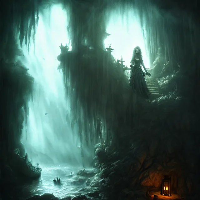 Prompt: photo of a pirate ghost in a grotto, photorealistic, dark, atmospheric lighting, painted, intricate, ultra detailed by leesha hannigan, thierry doizon, kai carpenter, well composed, best on artstation, cgsociety, epic, stunning, gorgeous, intricate detail, wow, masterpiece