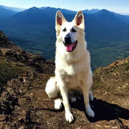 Prompt: a white german shepherd on a mountain top